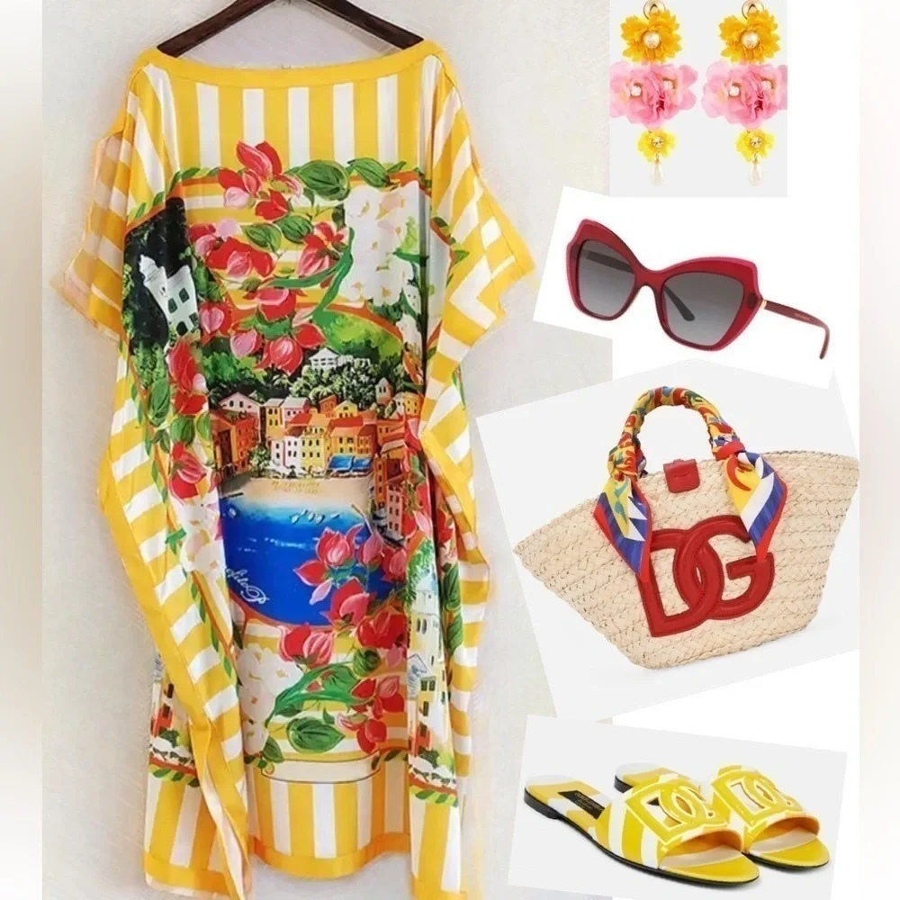 Portofino Riviera Tropical Pattern Oversized Casual Midi Dress - Picture 14 of 16